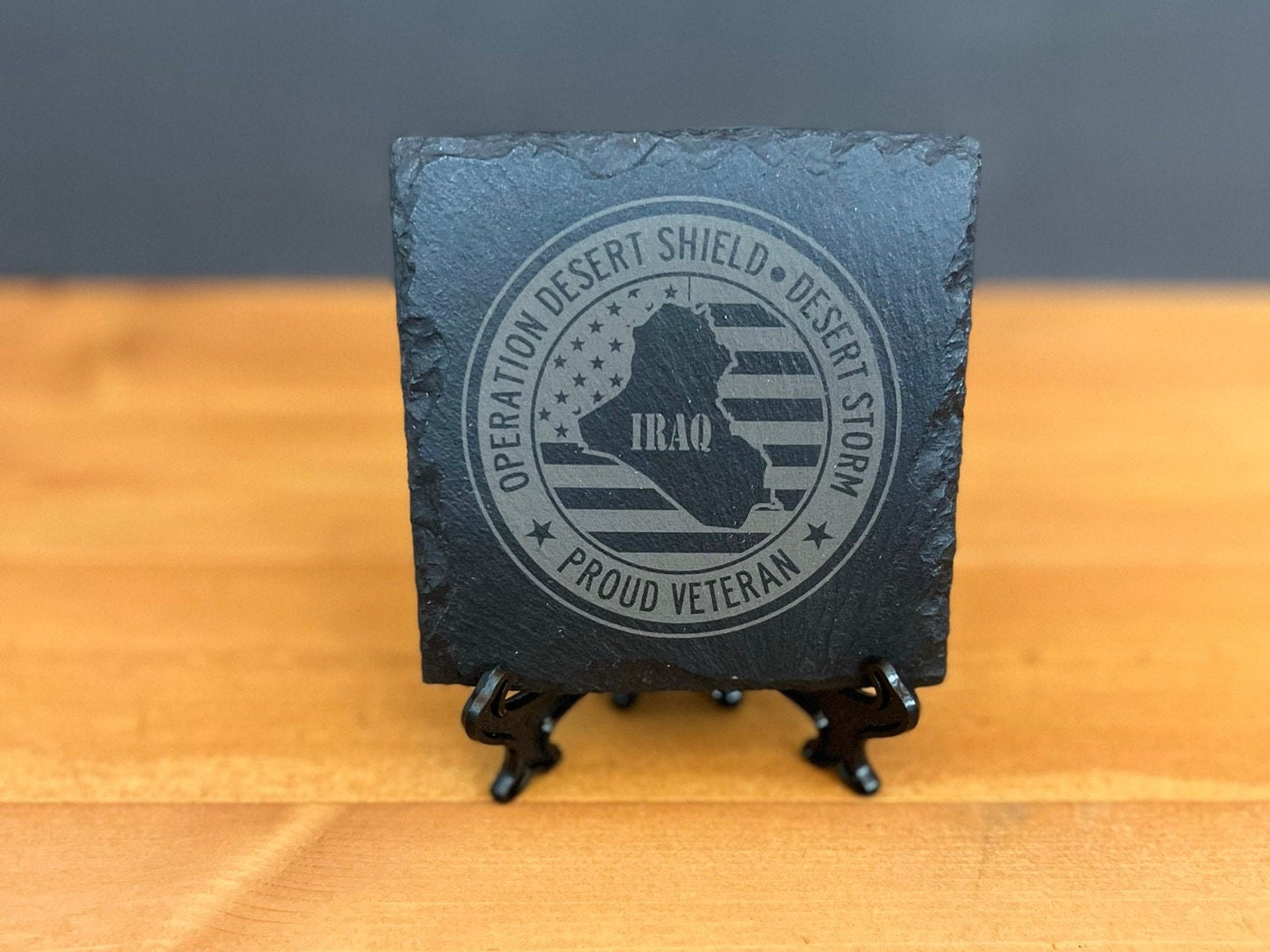 Laser Engraved Slate Coaster with Operation Desert Shield/ Storm Veteran logo.