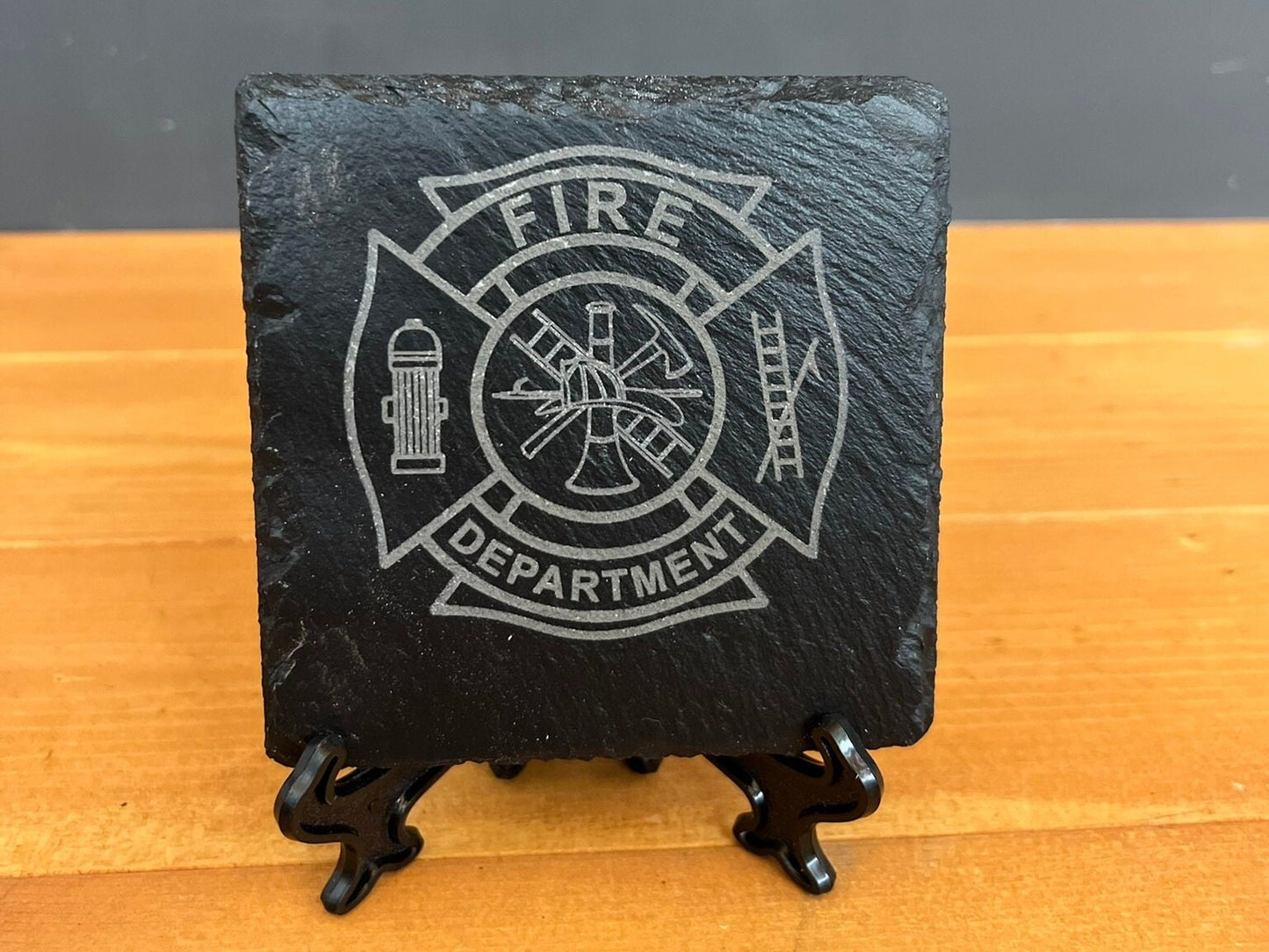 Laser Engraved Slate Coaster with the Fire Department Maltese Cross