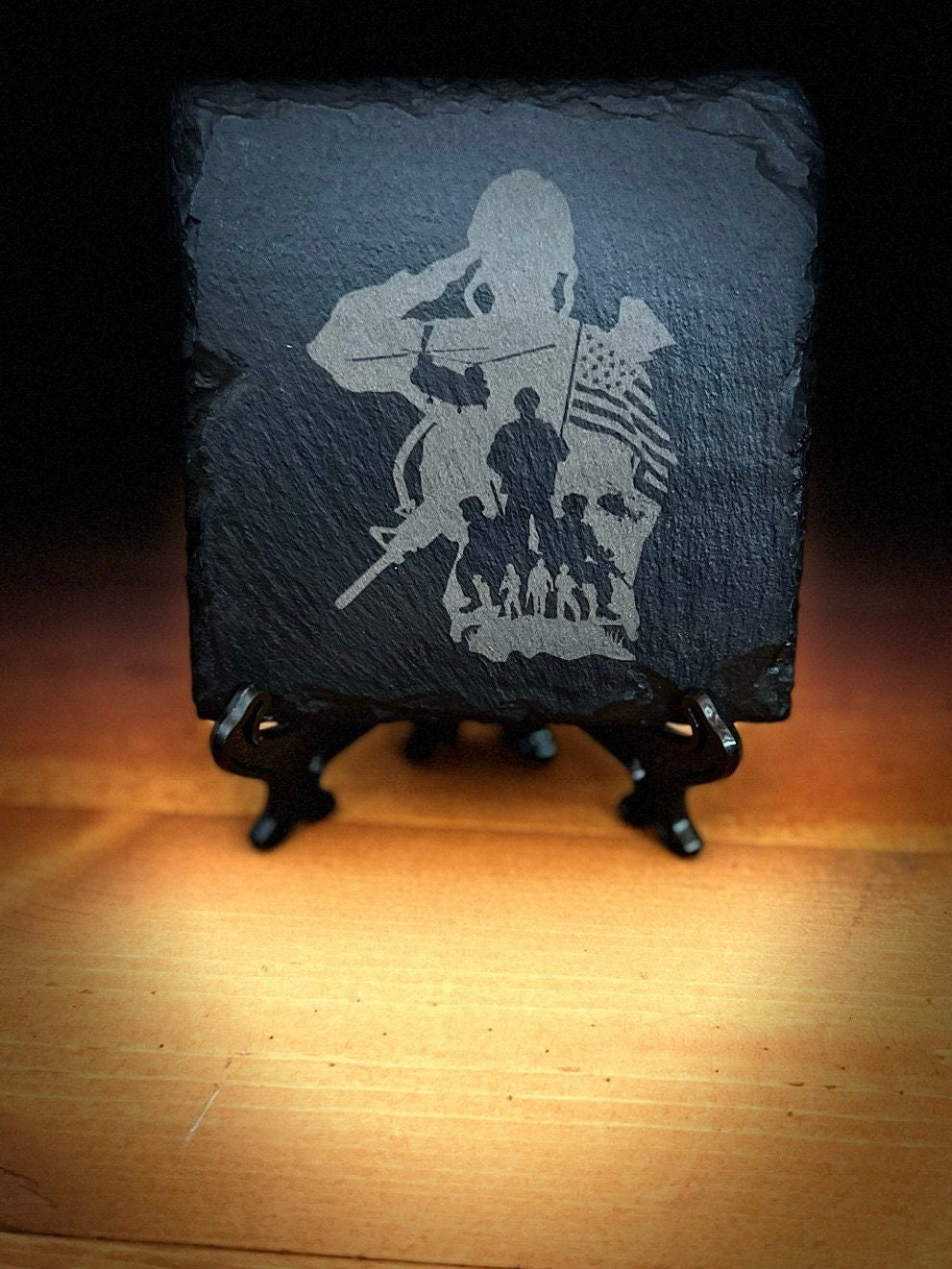 Laser Engraved Slate Coaster with the Soldier Salute Memorial