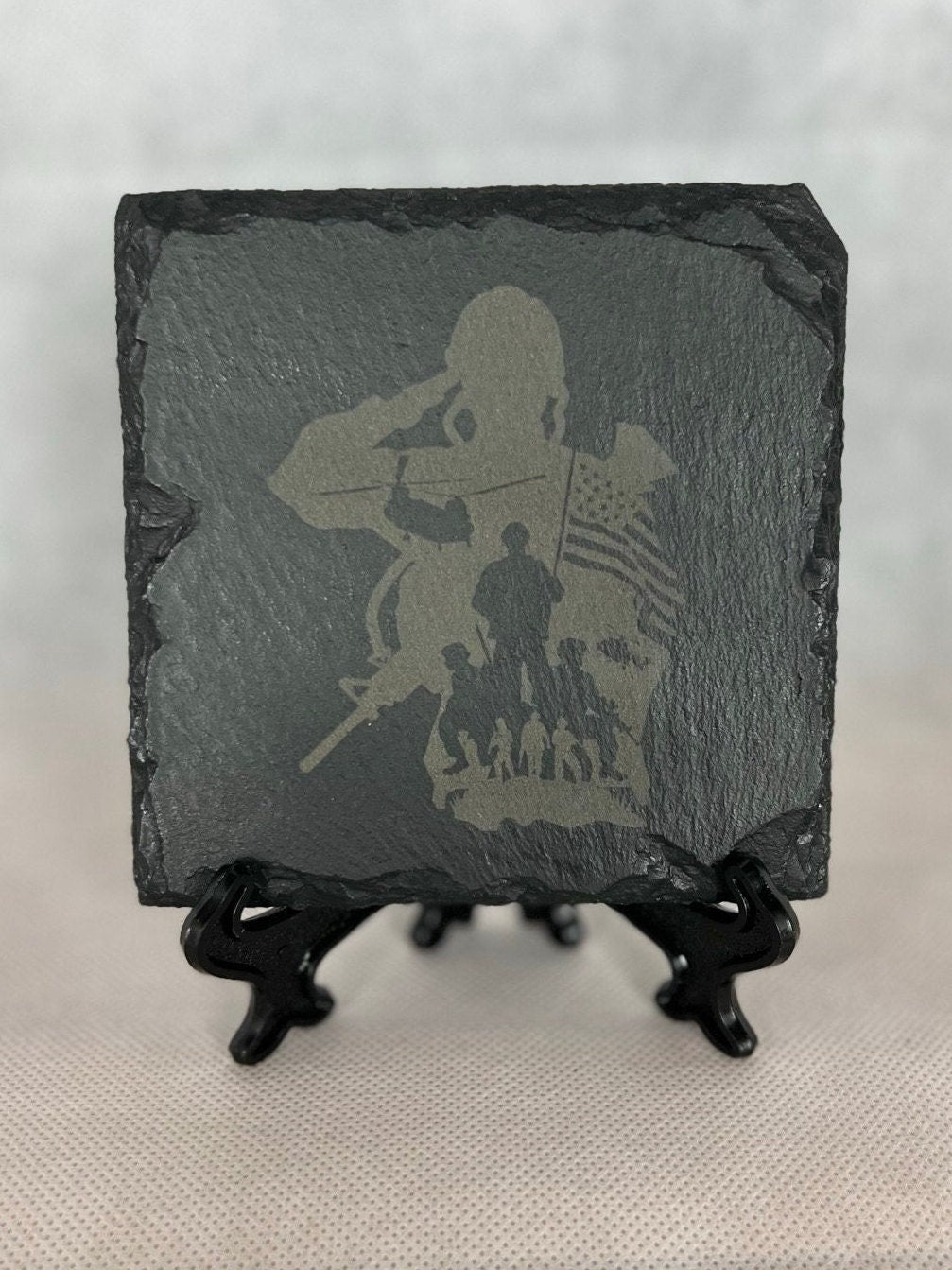 Laser Engraved Slate Coaster with the Soldier Salute Memorial