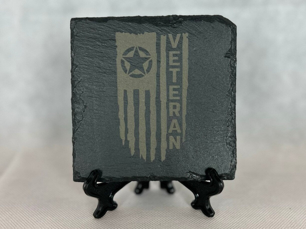 Laser Engraved Slate Coaster with the United States Army Veteran Distressed Flag