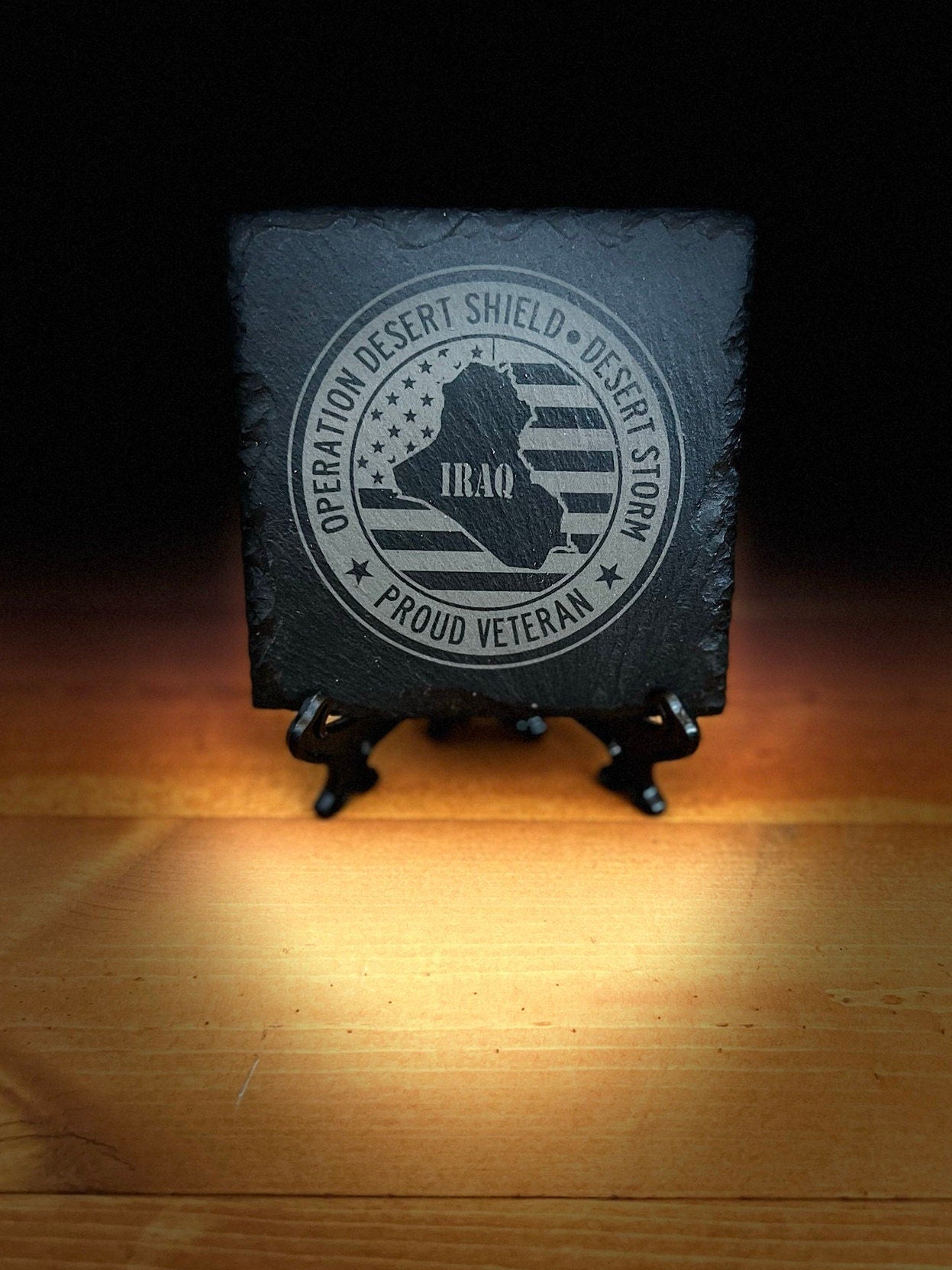 Laser Engraved Slate Coaster with Operation Desert Shield/ Storm Veteran logo.