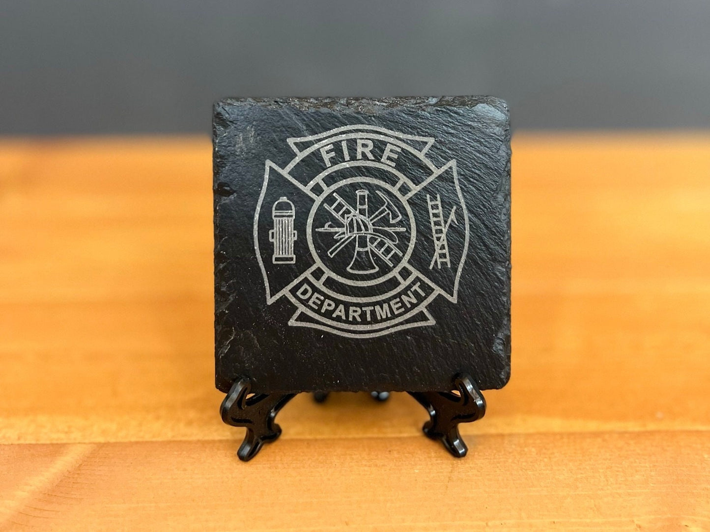 Laser Engraved Slate Coaster with the Fire Department Maltese Cross