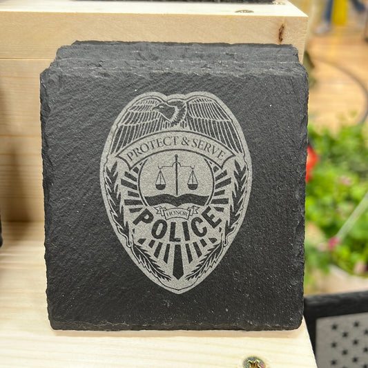 Engraved Slate Coaster with "Protect & Serve" Police Badge