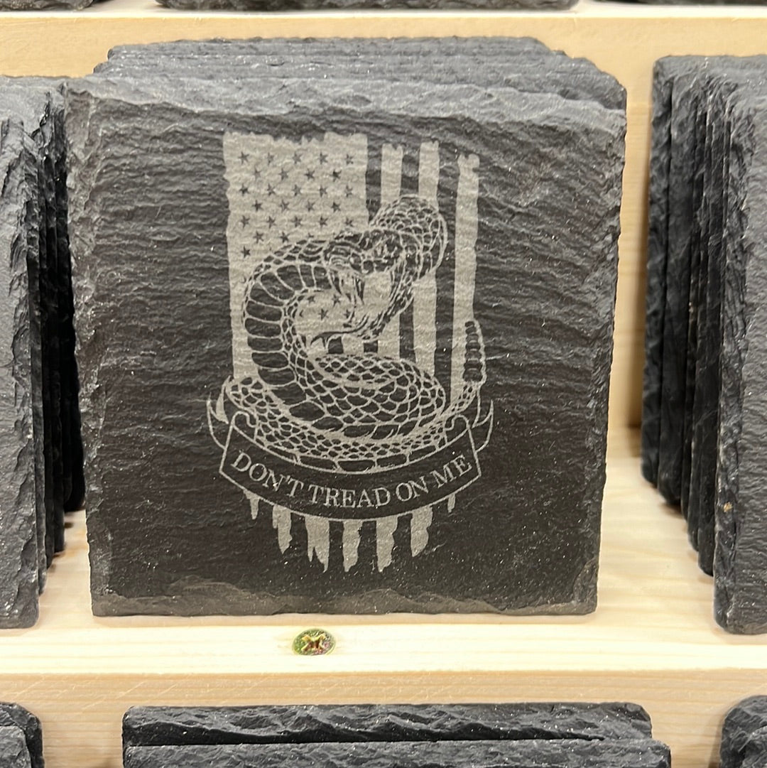 Laser Engraved Slate Coaster with Don't Tread on Me Design.