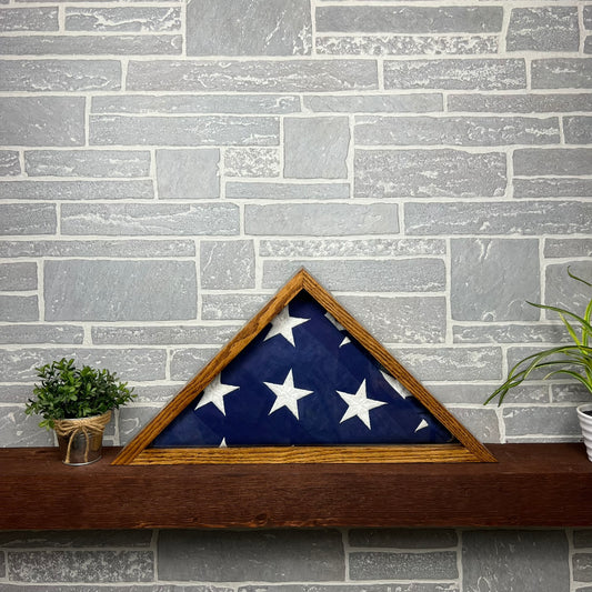 Memorial Oak Flag Case for a 5 x 9.5' Burial Flag with engraved glass and/or name plate option