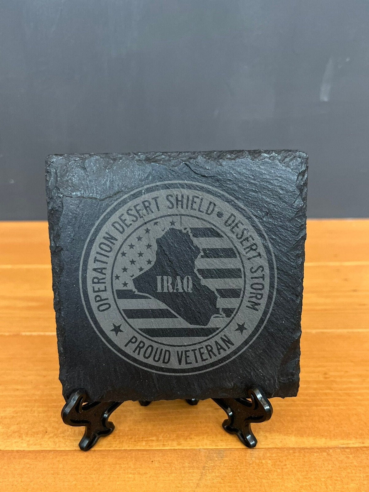 Laser Engraved Slate Coaster with Operation Desert Shield/ Storm Veteran logo.