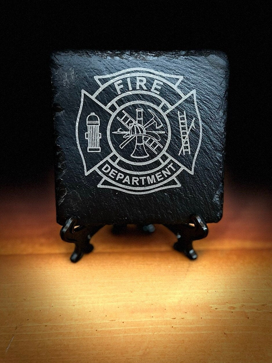 Laser Engraved Slate Coaster with the Fire Department Maltese Cross