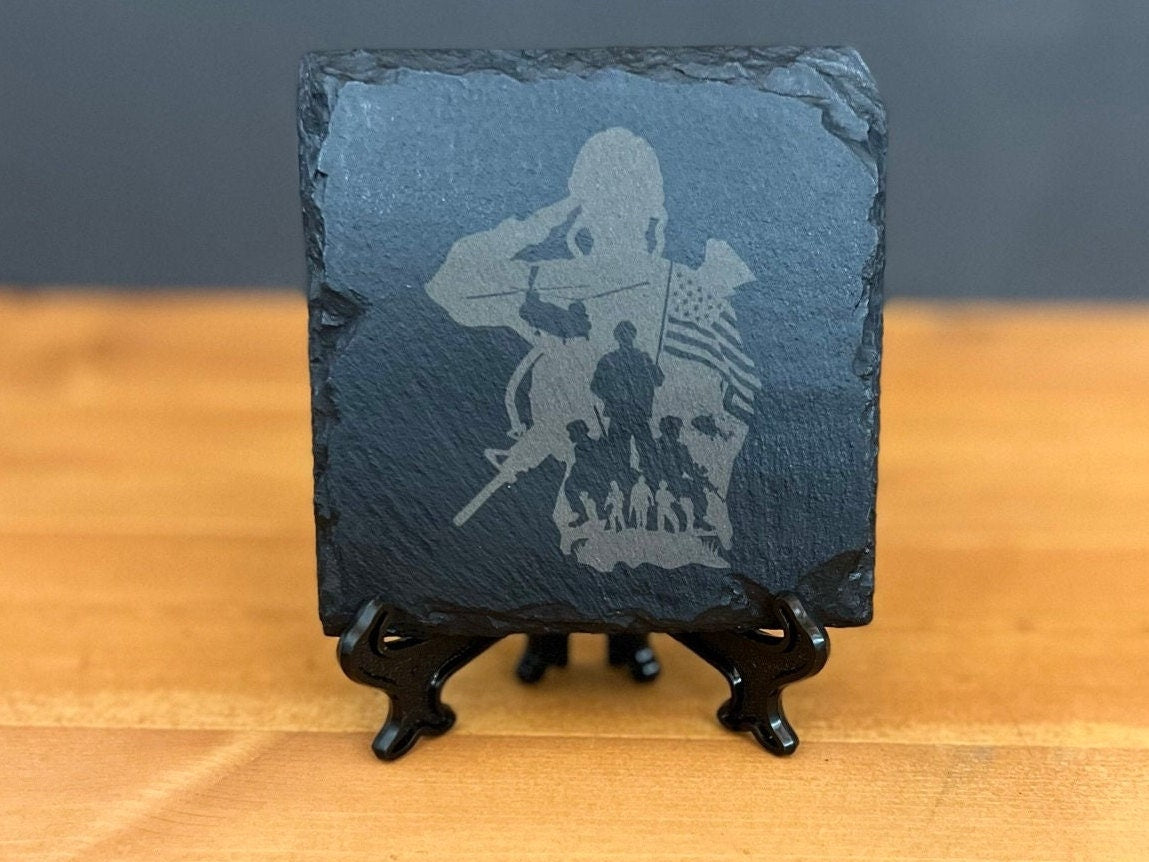Laser Engraved Slate Coaster with the Soldier Salute Memorial