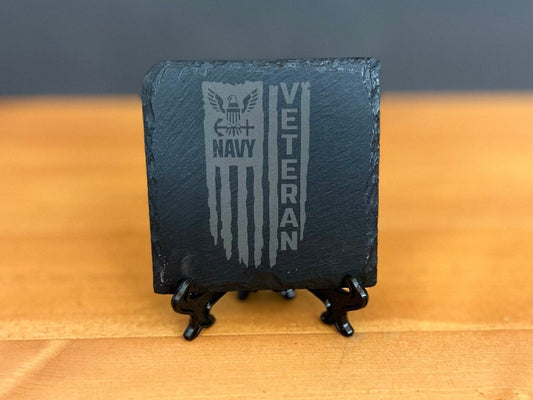 Laser Engraved Slate Coaster with the United States Navy Veteran Distressed Flag