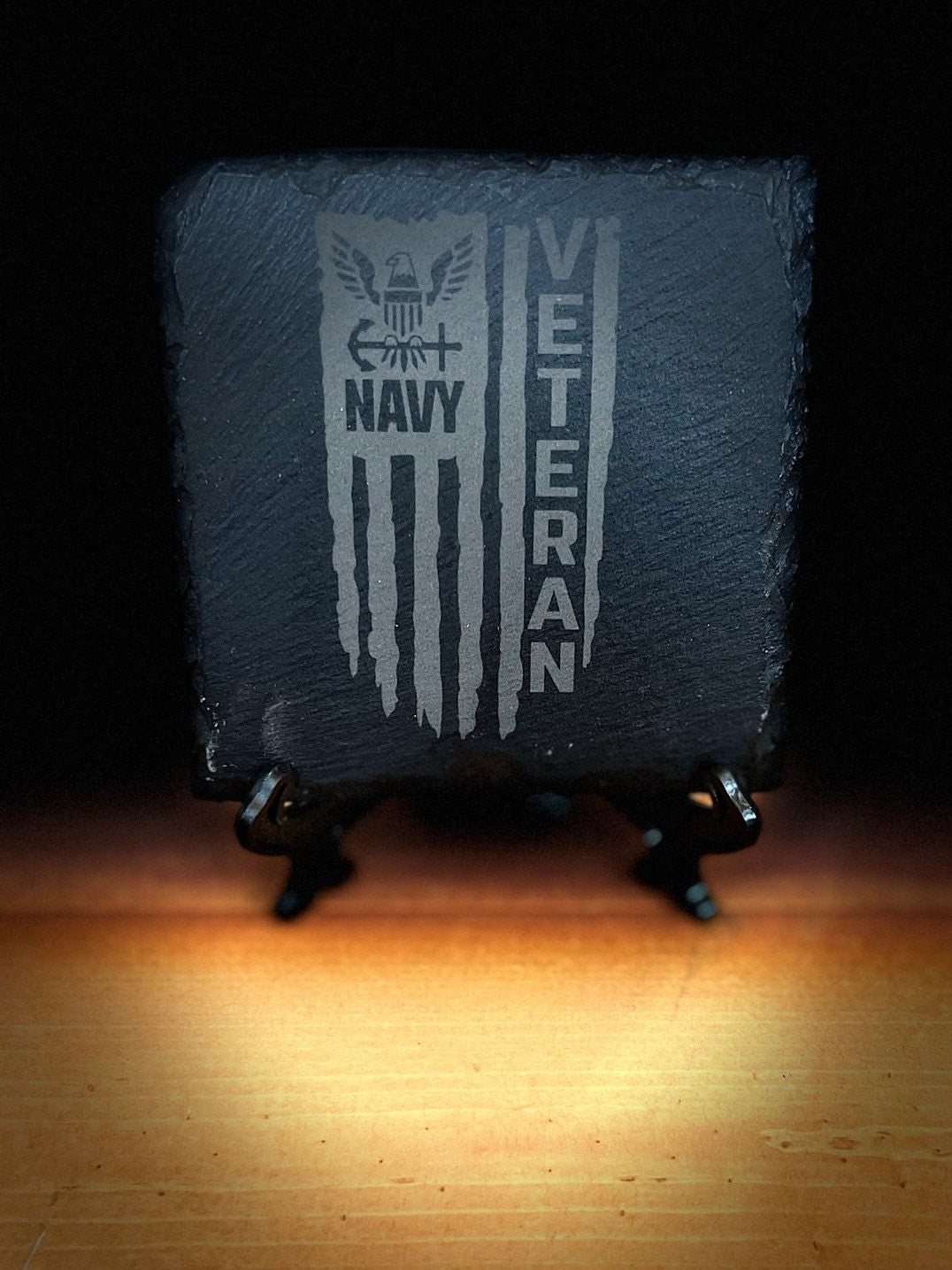 Laser Engraved Slate Coaster with the United States Navy Veteran Distressed Flag