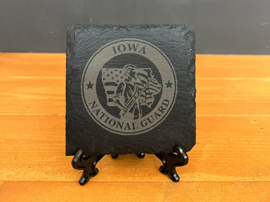 Laser Engraved Slate Coaster with the Iowa National Guard Logo