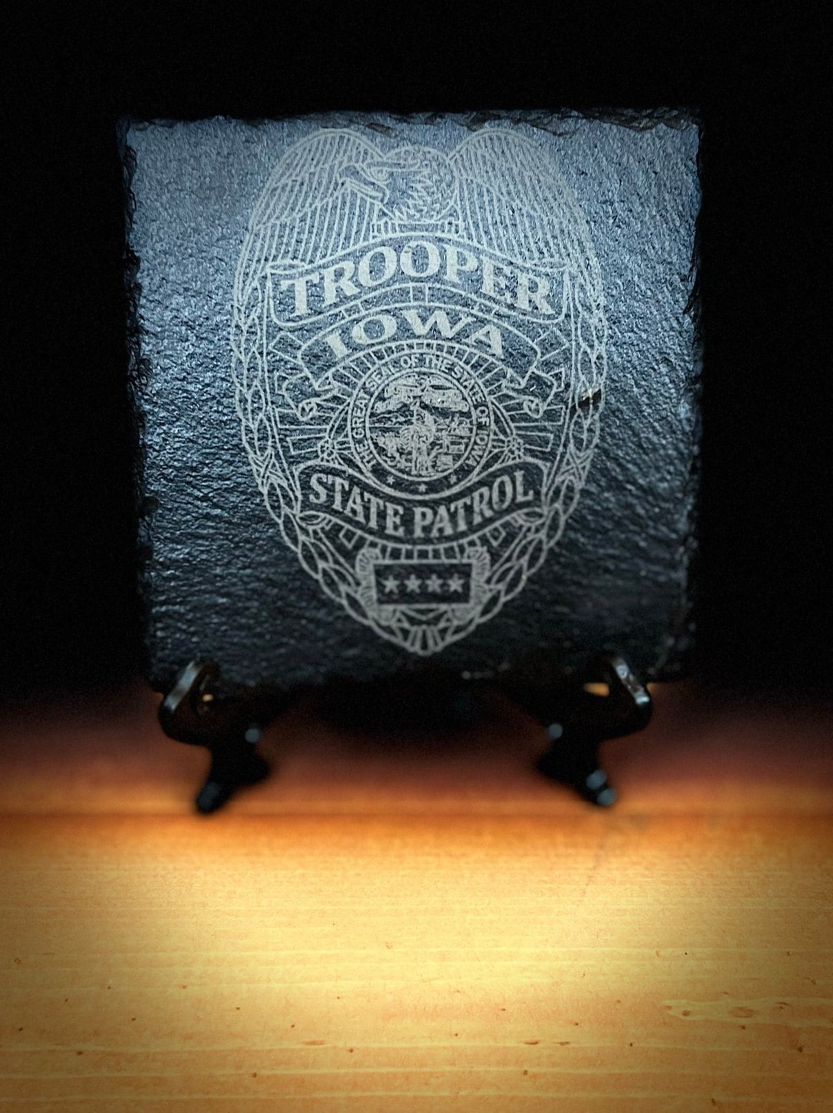 Laser Engraved Slate Coaster with the Iowa Highway State Patrol Badge