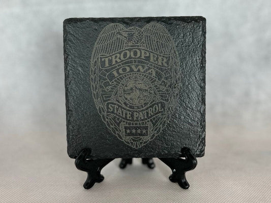 Laser Engraved Slate Coaster with the Iowa Highway State Patrol Badge