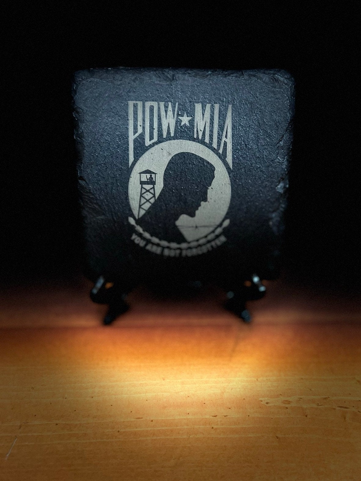Laser Engraved Slate Coaster with the United States POW/MIA Memorial