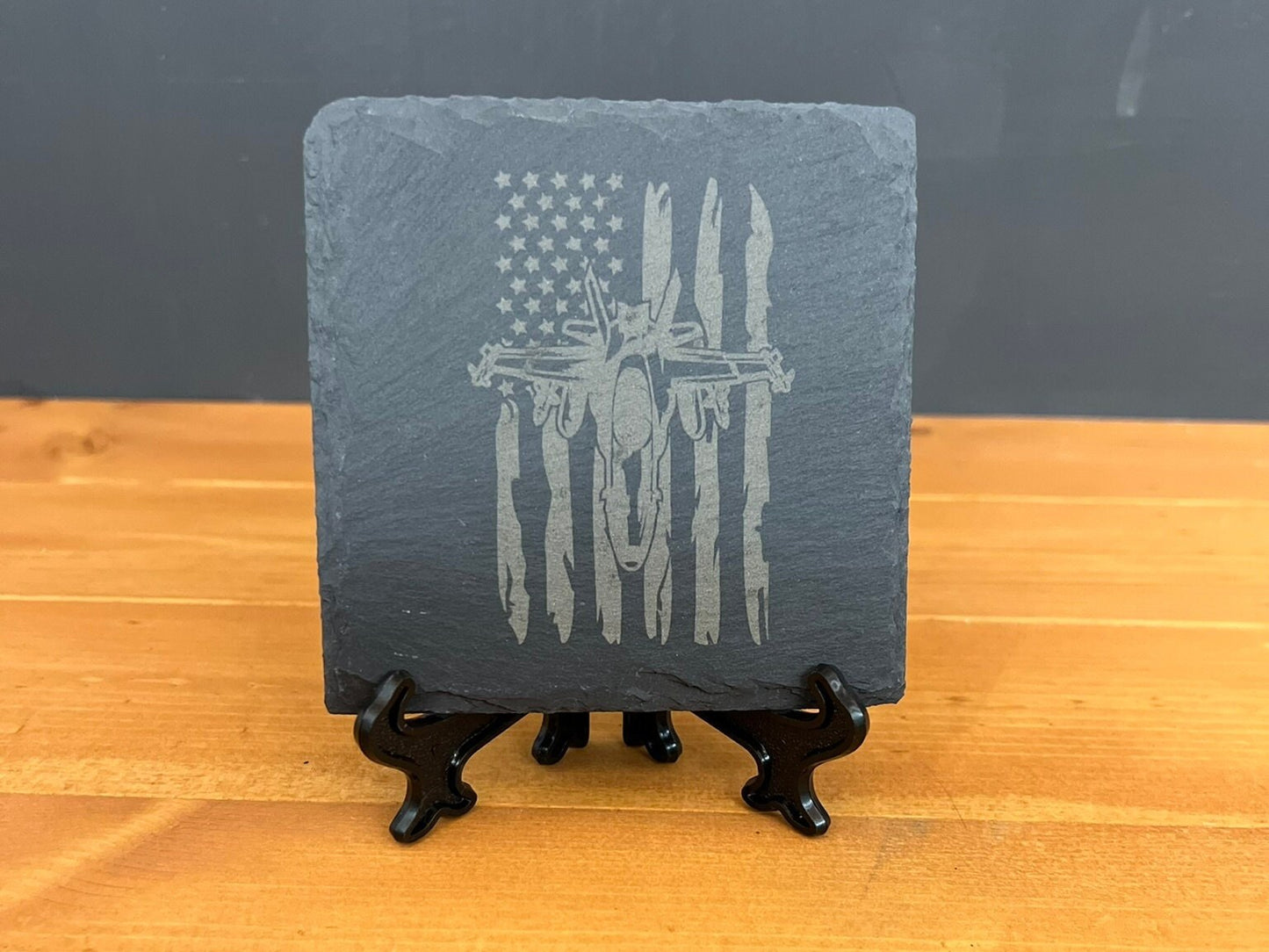 Laser Engraved Slate Coaster with the United States Flag with F-18 design