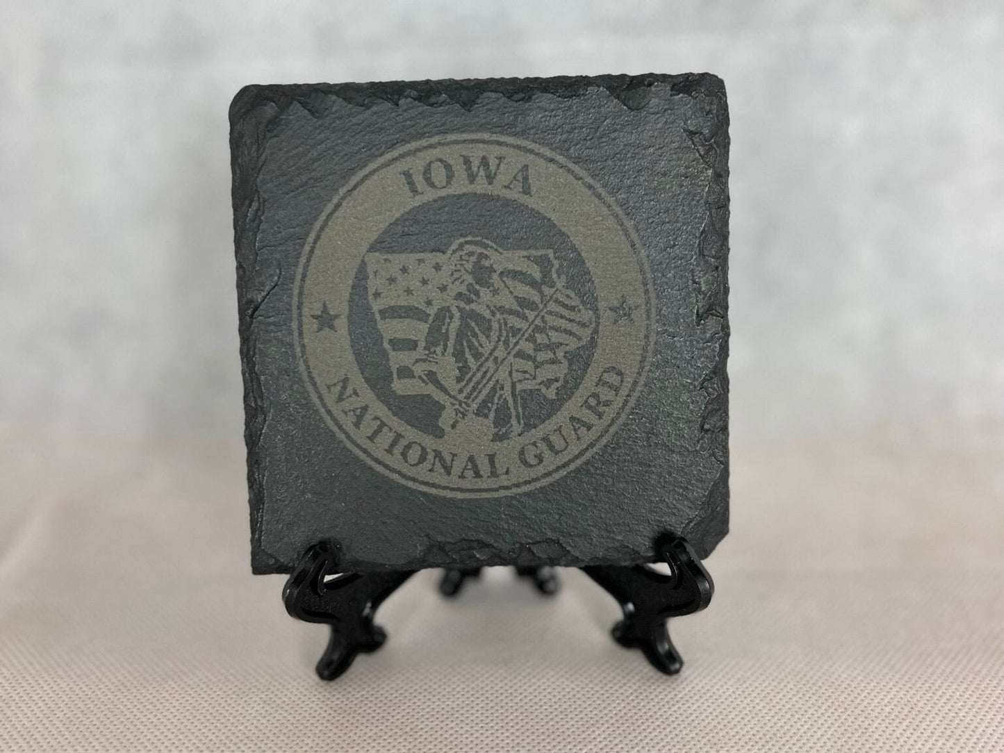 Laser Engraved Slate Coaster with the Iowa National Guard Logo