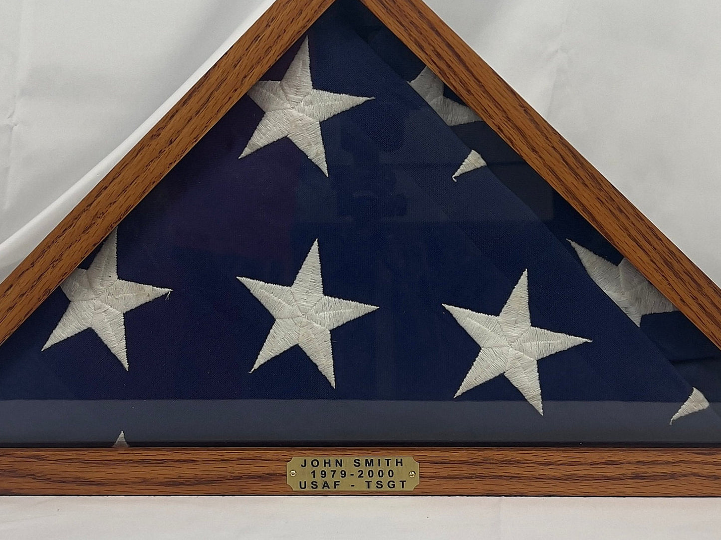 Memorial Oak Flag Case for a 5 x 9.5' Burial Flag with engraved glass and/or name plate option