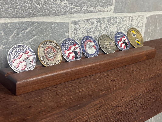 Desktop Challenge Coin Holder, single row, up to 7 challenge coins.